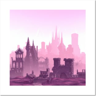 Synthwave Medieval City Landscape With a Purple and Pink Skyline Posters and Art